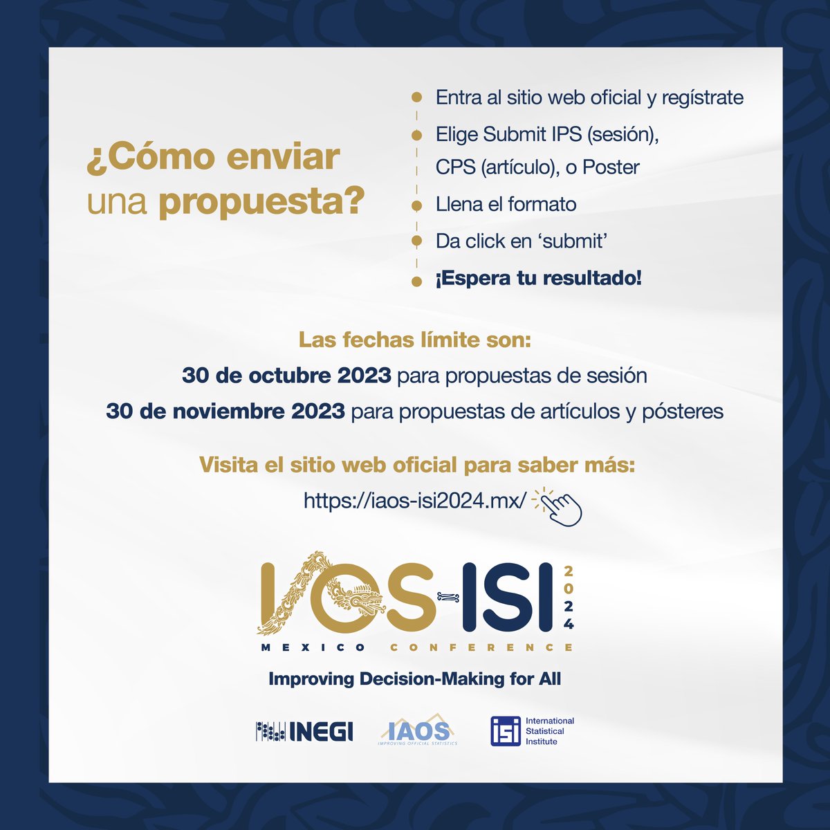 INEGI_INFORMA's tweet image. 📢📊 ¡Únete a la discusión sobre el futuro de las estadísticas en la Conferencia #IAOSISI2024 #México!

Envía un resumen de tu propuesta de:
🗣️ Sesión de discusión
📄 Artículo
📜 Póster

👉🏽 iaos-isi2024.mx

#IAOS @IAOS_Stat #ISI @IntStat #INEGI