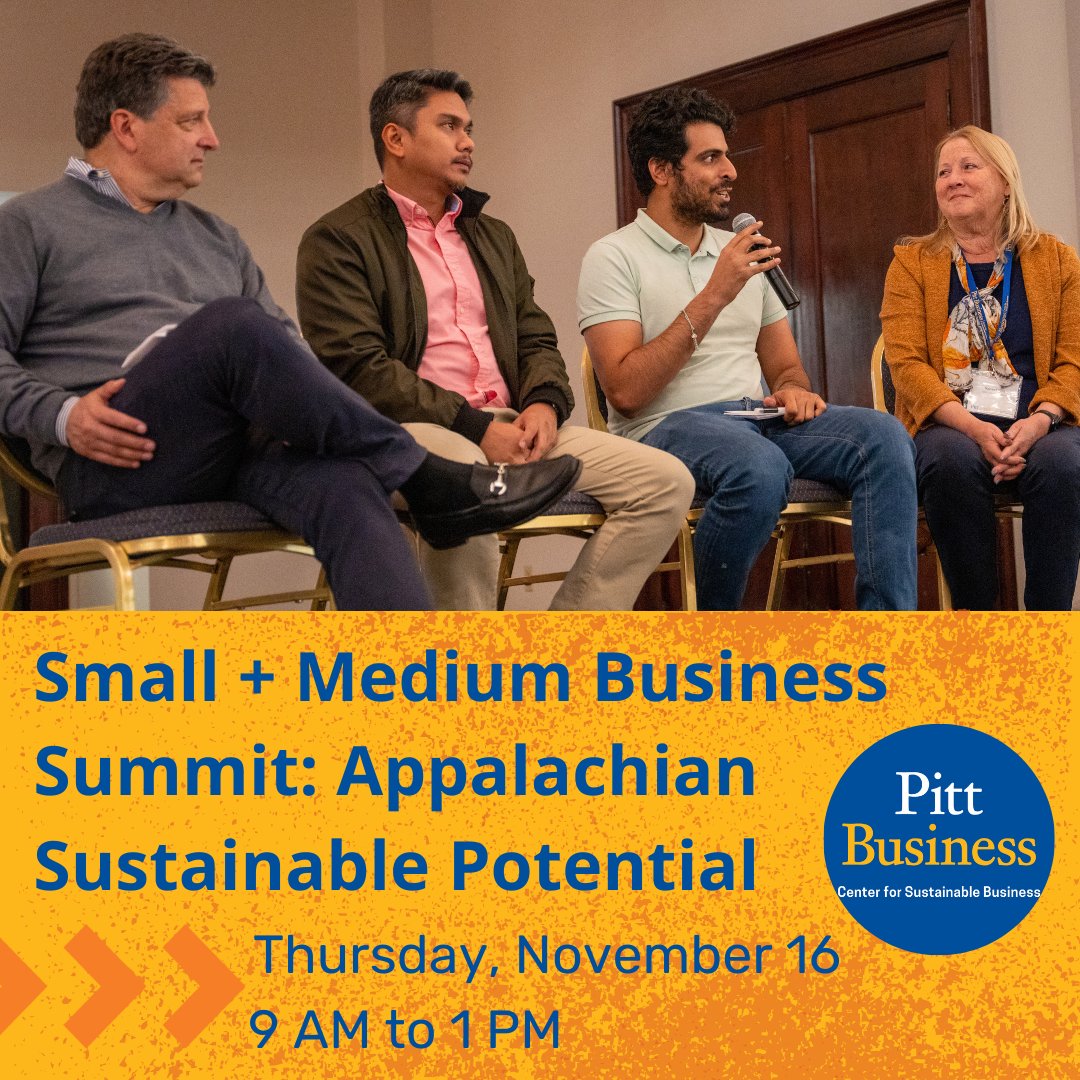 Join us for our first Small + Medium Business Summit: Appalachian Sustainable Potential. Discuss opportunities for small and medium businesses in Appalachia to collaborate to achieve a just transition. Thurs. Nov. 16th, 9 AM to 1 PM Email lou.tierno@pitt.edu for an invitation
