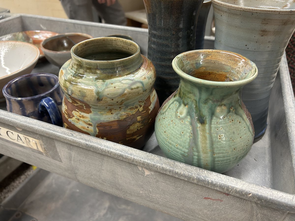 Another exciting week at Rosewood Arts Center! Last week our Ceramics Coordinator Brandon Lowery fired our Cone 10 Reduction Kiln. This special gas firing process reduces the amount of oxygen in the kiln, resulting in vibrant glaze colors that can’t be achieved in oxidation kilns