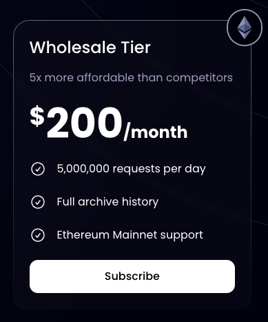 Our Ethereum API now supports full archive history!

No complex sales process
No add ons

Just 1 simple plan with everything you need to start building