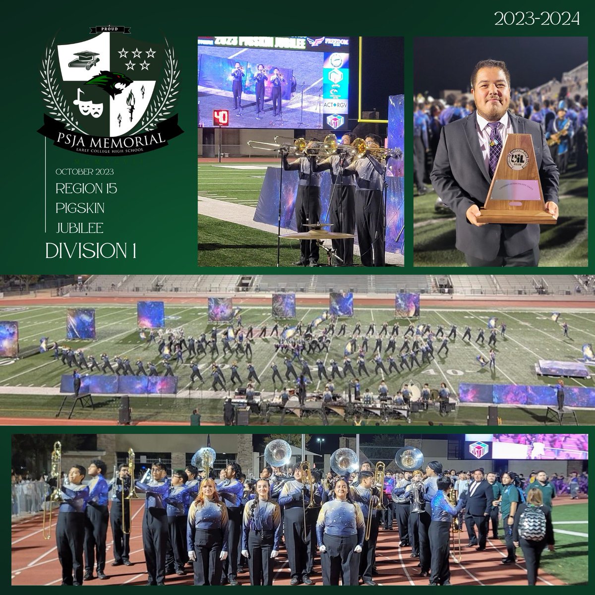 PSJAMemorial's tweet image. The Mighty Green Marching Band earns a Division One rating at the Region 15 Pigskin Jubilee Marching Contest! 🎶
