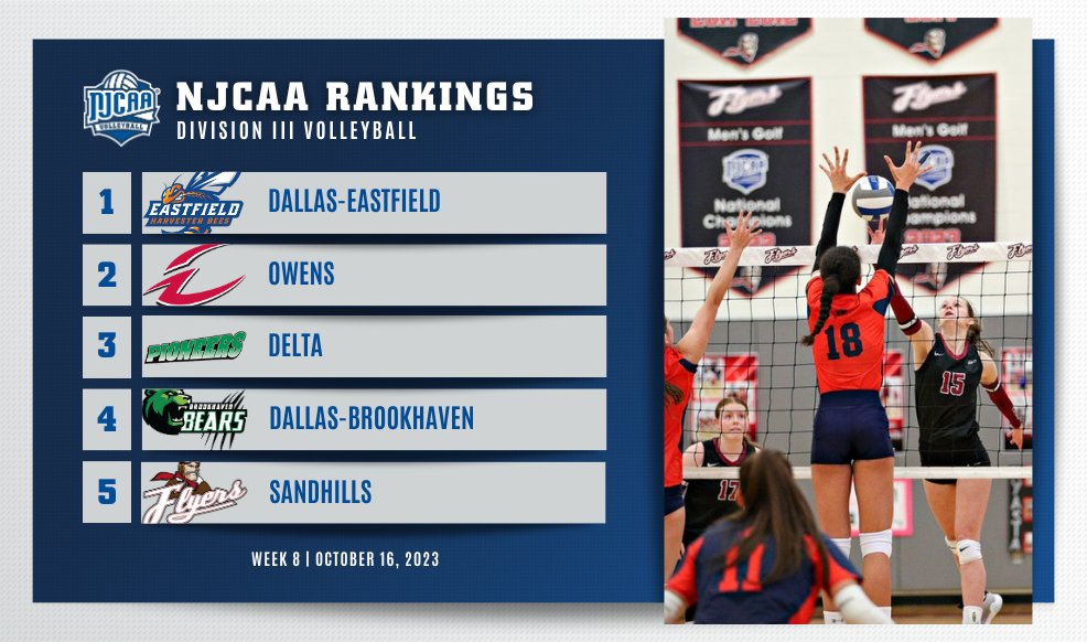 🛩️ Sandhills re-enters the top-5 of the #NJCAAVB DIII Rankings! Fulton-Montgomery moves to No. 8 after an impressive week. Northern Essex sits at No. 15 after falling out of the poll last week. Full Rankings | njcaa.org/sports/wvball/…