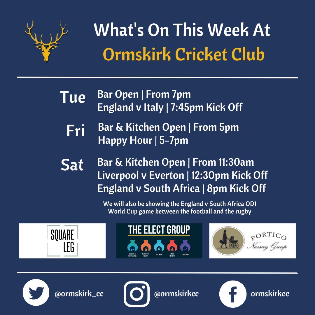 🤩 A bumper week of live sport at Brook Lane!

⚽️ England are in action tomorrow, then attentions turn to the derby on Saturday afternoon.

🏏🏉 The cricket will then follow, before England take on South Africa in the Rugby World Cup semi final.

🍻 Happy Hour Friday as usual.