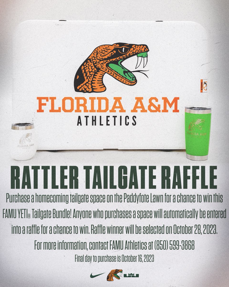 FAMUAthletics's tweet image. #RattlerNation,

Today's the final day to purchase your homecoming tailgate package for a chance to win this FAMU Athletics Yeti Tailgate Package!

🎟 my.famu.edu/event/fbtailga…

#FAMU | #FAMUly | #Rattlers | #FangsUp