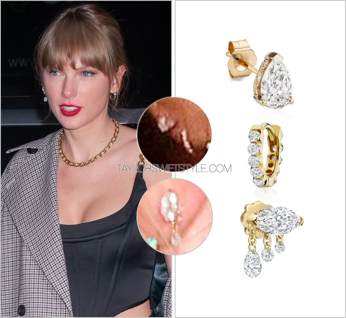tswiftstyle's tweet photo. Sometime mid-August between the Eras Tour dates in Los Angeles and Mexico City, @taylorswift13 got three lobe piercings (2/right, 1/left) all courtesy of #MariaTash. Details @ https://t.co/ldgTitBwOk https://t.co/F6BcgamjDF