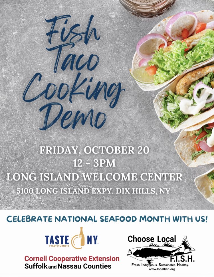 Join us for some delicious local fish tacos from 12-3pm at the Long Island Welcome Center this Friday as we celebrate National Seafood month!🥳🐟🌊🦞🧑‍🍳 #sustainable #local #fish #seafood