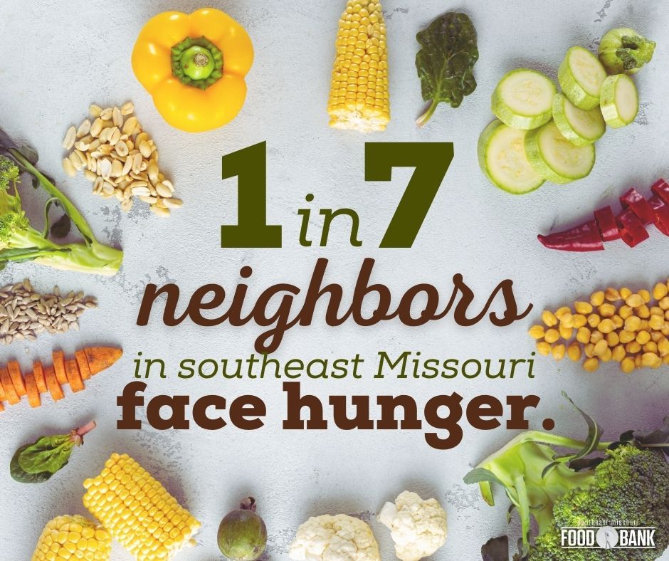 In southeast Missouri, 1 in 7 of our neighbors in face hunger.

Today, on #WorldFoodDay, consider helping these neighbors. Every $1 donated to Southeast Missouri Food Bank helps provide 4 meals.

If you can, give today at buff.ly/2PknbYM
