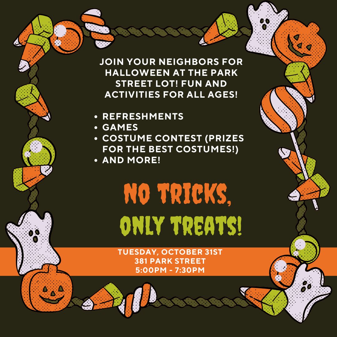 We will be hosting a Halloween event at the Park Street lot in #Dorchester (381 Park Street, 5pm - 7:30pm). Join us for refreshments, Halloween-themed games and activities, and a costume contest! Let's get spoooky! 👻