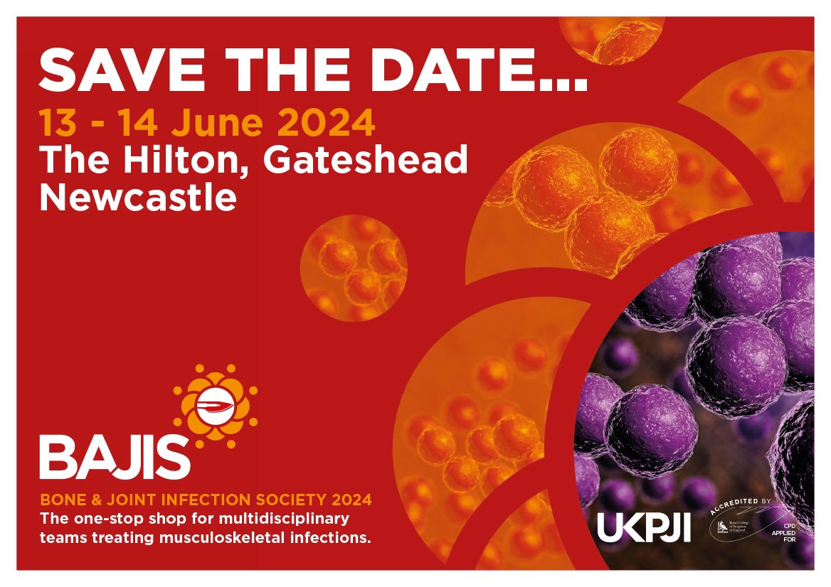 📌 SAVE THE DATE 📌
13 - 14 June 2024 at The Hilton, Gateshead Newcastle!
Join the BAJIS Conference, the evolution of UKPJI. Explore the future of MSK infections with the best in the field. 🦴🔍
#BAJIS2024  #FRI #PJI @BAJIR_UK