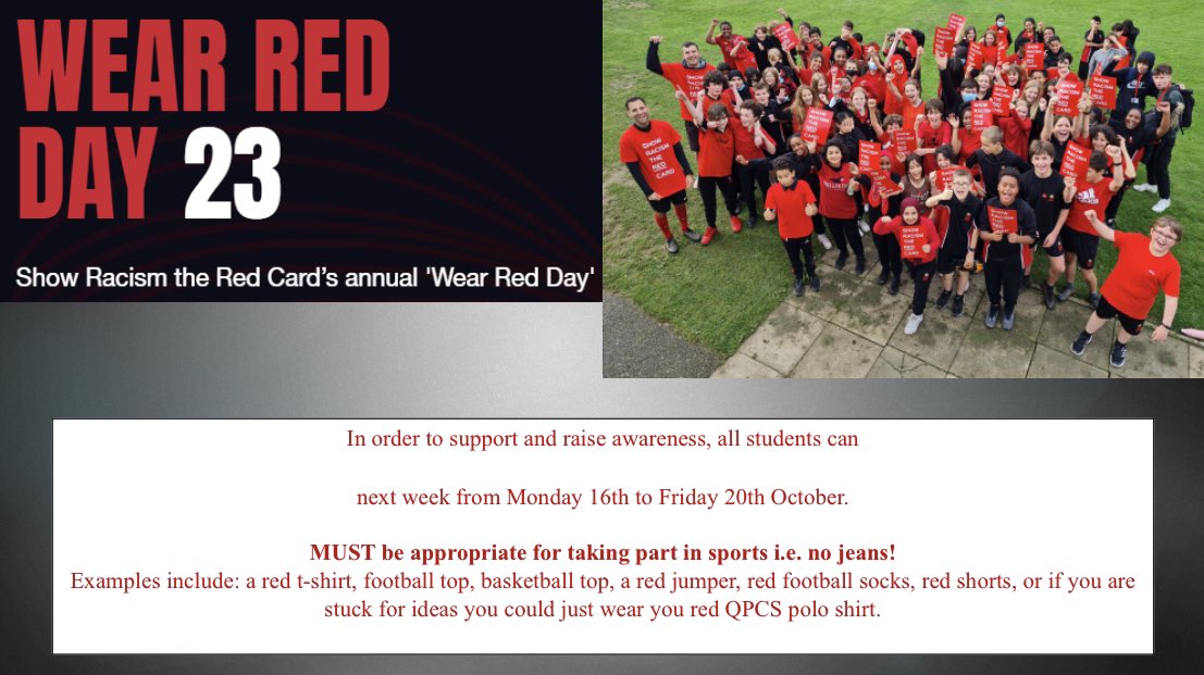 We are one of 592,000 participants registered and supporting @SRTRC_England by encouraging @QPCS students to WEAR RED to their timetabled PE lessons all of this week. Be a proud anti-racist. Get involved! #wrd23 #WearRedDay #showracismtheredcard