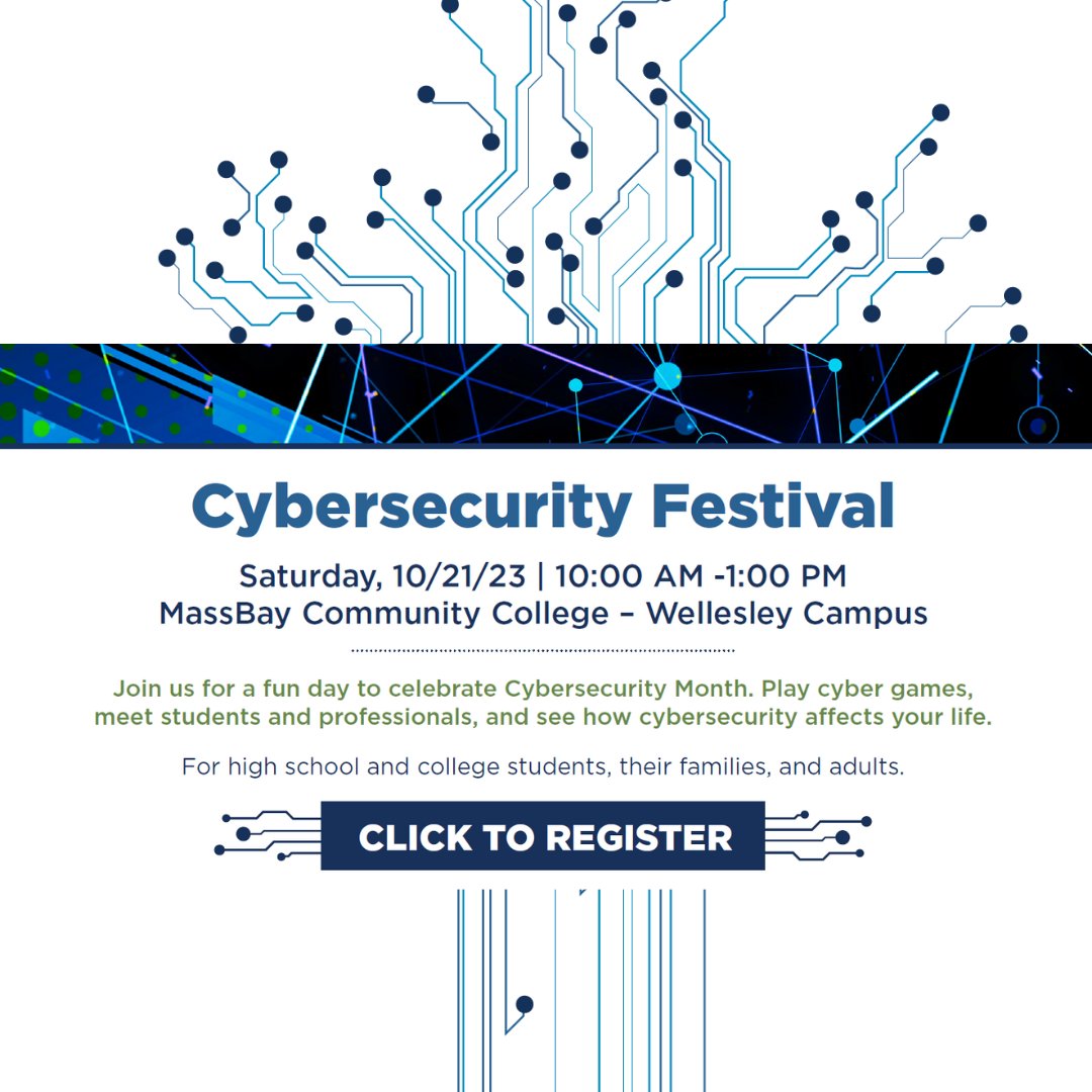 Celebrate #STEMWeek 
MassBay's #Cybersecurity Festival is a free &amp; fun hands-on event for high school &amp; college students, their families &amp; anyone interested in learning more about this growing field. Saturday, 10/21/2023 10a - 1pm in Wellesley. RSVP here tinyurl.com/3axr968b