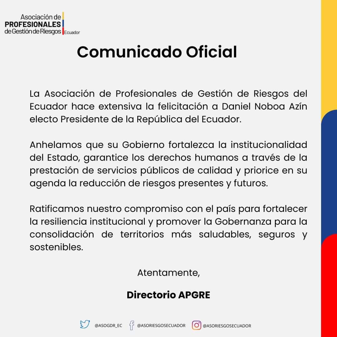 AsoGdR_Ec's tweet photo. 📌 El Ecuador ha decidido en Democracia.

La ciudadanía se expresó en las urnas en una jornada cívica que garantiza la Democracia en el país. El @cnegobe presentó a @DanielNoboaOk como el nuevo Presidente de la República. https://t.co/gaP04RWliY