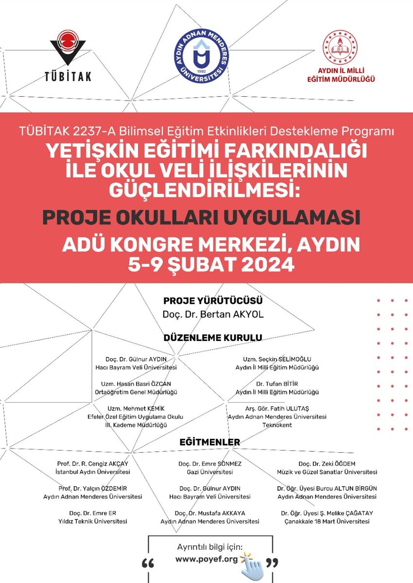 Hayat boyu öğrenme ve yetişkin eğitimi için çalışmaya ve üretmeye devam ediyoruz. TÜBİTAK 2237 projemizin kabulü ile 5-9 Şubat 2024 tarihleri arasında proje kapsamındaki paydaşlarımızı heyecanla Aydın'a bekliyoruz.