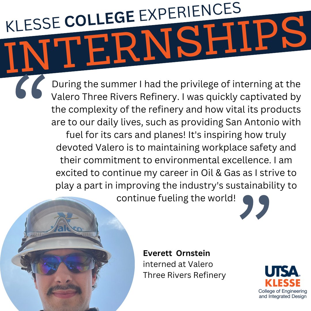 Everett Ornstein spent his summer at the <a href="/ValeroEnergy/">Valero</a> Three Rivers Refinery. The #internship has now led to another opportunity within the company, and just like that, he is on his way. #birdsup
Roadrunners, start planning your own experiences now. bit.ly/48pblRx <a href="/UTSA/">UTSA</a>
