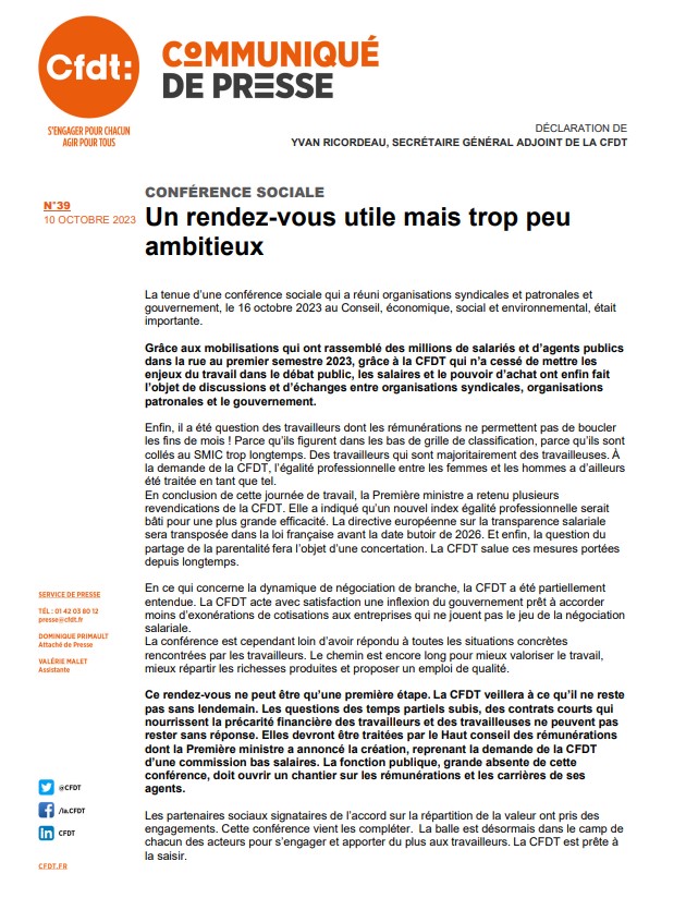 CFDT's tweet photo. || COMMUNIQUÉ DE PRESSE || #Conférencesociale Un rendez-vous utile mais trop peu ambitieux. Ce rendez-vous ne peut être qu’une première étape. La CFDT veillera à ce qu’il ne reste pas sans lendemain. ➡️https://t.co/MQr5CxHSXu #salaires #pouvoirdachat https://t.co/NobPhRXSzz