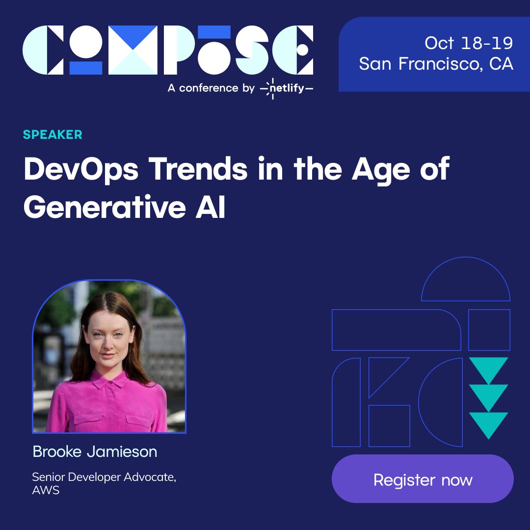 Netlify's tweet image. Are you intrigued by the future of DevOps and Generative AI? Check out @brooke_jamieson&apos;s talk at #NetlifyCompose and discover how tools like @awscloud CodeWhisperer can increase developer productivity! You can join us in-person or virtually. Sign-up now: ntl.fyi/404UP5G