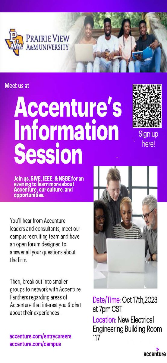 Accenture's Information Session!
Join SWE, IEEE, and NSBE for a learning session about Accenture opportunities. October 17th, 7 p.m.: New Electrical Engineer Building 117