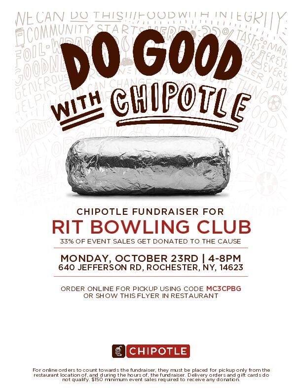 RITBowling's tweet photo. Mark your calendars! One week from today, we’ll be doing a Chipotle fundraiser from 4-8 PM. Show this flyer at the Jefferson Road location in Henrietta or use code MC3CPBG online to help us raise money to support our team! 

#ritbowling #fundraiser https://t.co/WsT1IRrD0K
