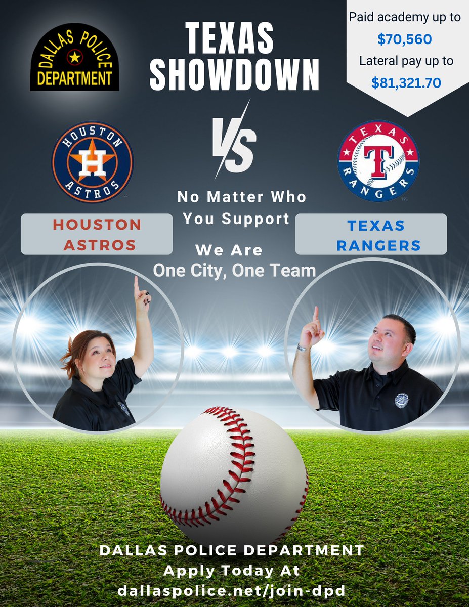 Hey Sports Fan, Ready for the Big Game!! ⚾️ No matter which team you support, Dallas PD has a spot for you! @astros @Rangers @DPDchief Apply today at dallaspolice.net/join-dpd #hiring