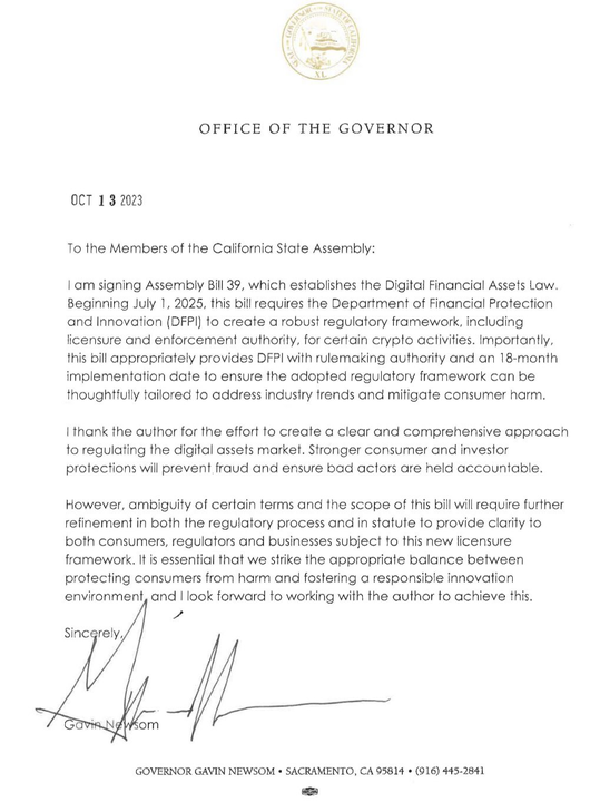 milesjennings's tweet photo. 1/ On Friday, @GavinNewsom signed into law a licensing regime for web3 companies with any users in California. #AB39
While the regime does some good, it has several issues and could be a disaster for the video game industry. To his credit, Newsom has called for fixes.
Quick ๐งต https://t.co/QVhK05xcpg