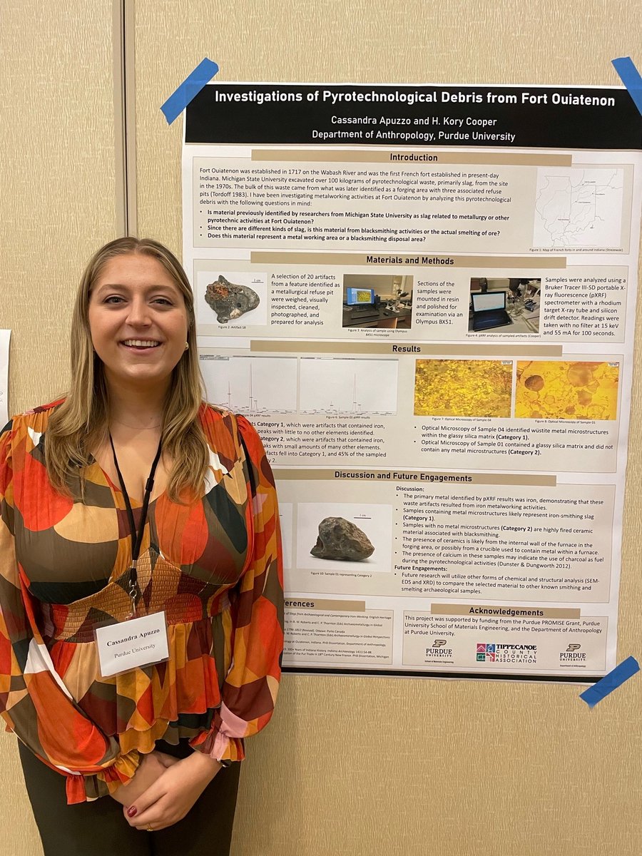 Graduate student Cassie Apuzzo presented her research with Kory Cooper titled “Investigations of Pyrotechnological Debris at Fort Ouiatenon” at the Midwest Archaeological Conference in Bowling Green, KY. #fortouitenon #Boilermakers <a href="/PurdueLibArts/">Purdue Liberal Arts</a> <a href="/LifeAtPurdue/">Purdue University</a>