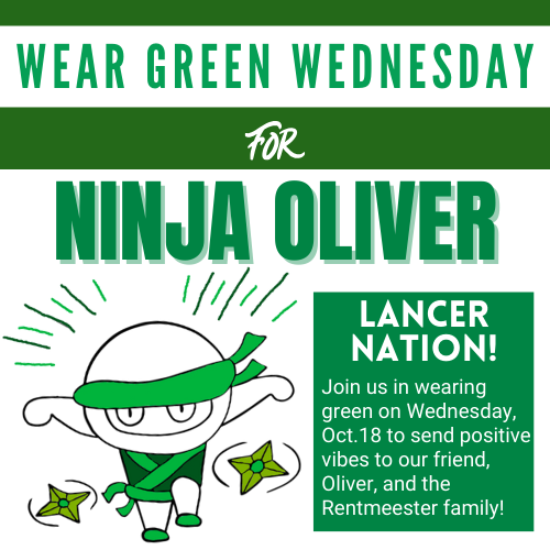 On Wednesday (10/18) please join our NS Schools community in wearing green to support Oliver Rentmeester and his family. Oliver is in Iowa City fighting brain cancer and they could use our best wishes and good vibes. 💚 #LancerPride #NinjaOliver #WeFightForOliver #WeWaveForOliver