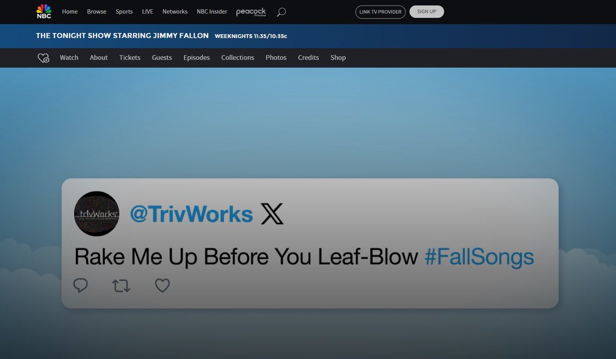 TrivWorks's tweet photo. Thanks @jimmyfallon for reading our #FallSongs tweet on @FallonTonight!
See the clip here: https://t.co/oco20gkddZ https://t.co/d51lmhWdps