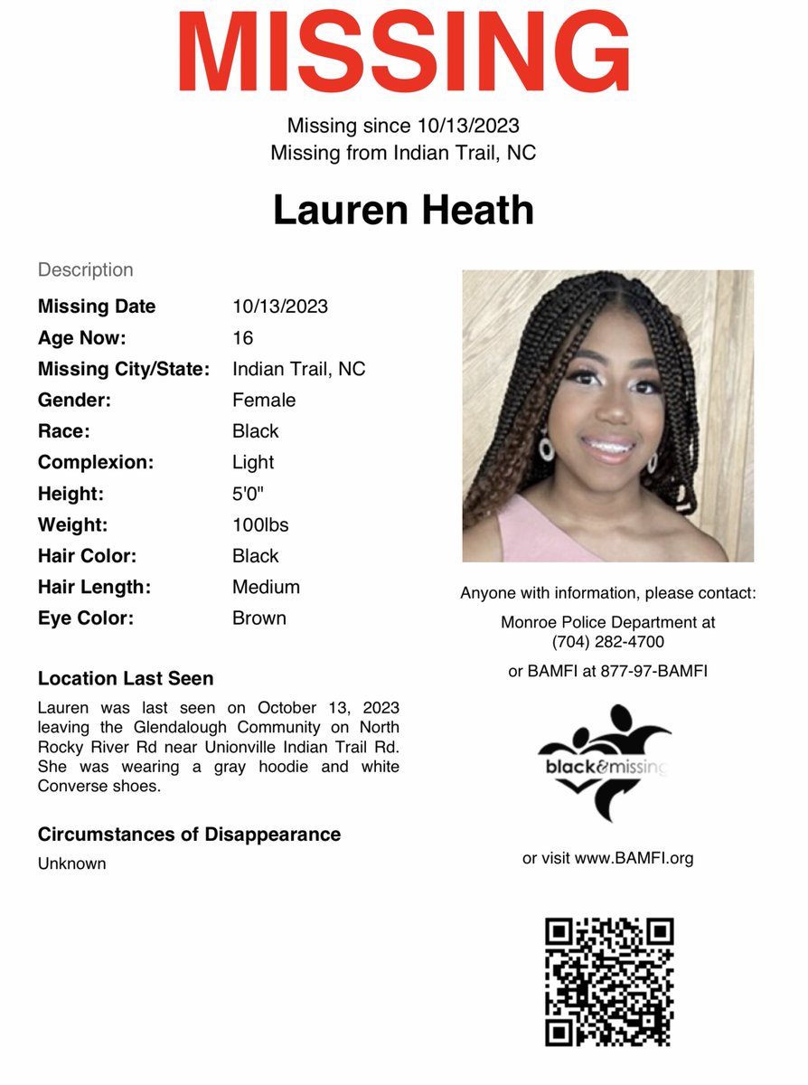 #Trail, NC: 16y/o Lauren Heath was last seen on October 13 leaving the Glendalough Community on North Rocky River Rd near Unionville Indian Trail Rd.

Please SHARE to help find #LaurenHeath