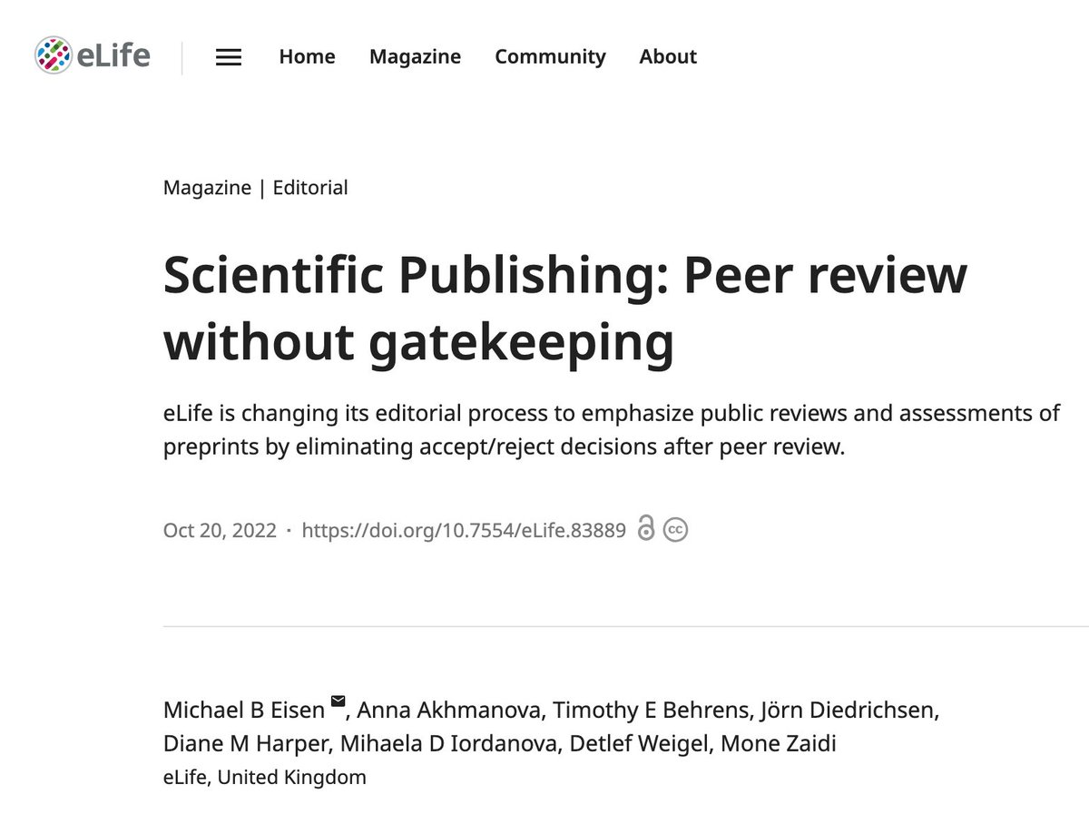 drdevangm's tweet image. Since this is going beyond BioSci twitter, here&apos;s a 🧵 about who Mike Eisen is and why I care so much that he isn&apos;t fired from @eLife:
First: Mike, as EiC of eLife, is trying to overturn the idea of prestige publishing
elifesciences.org/articles/83889