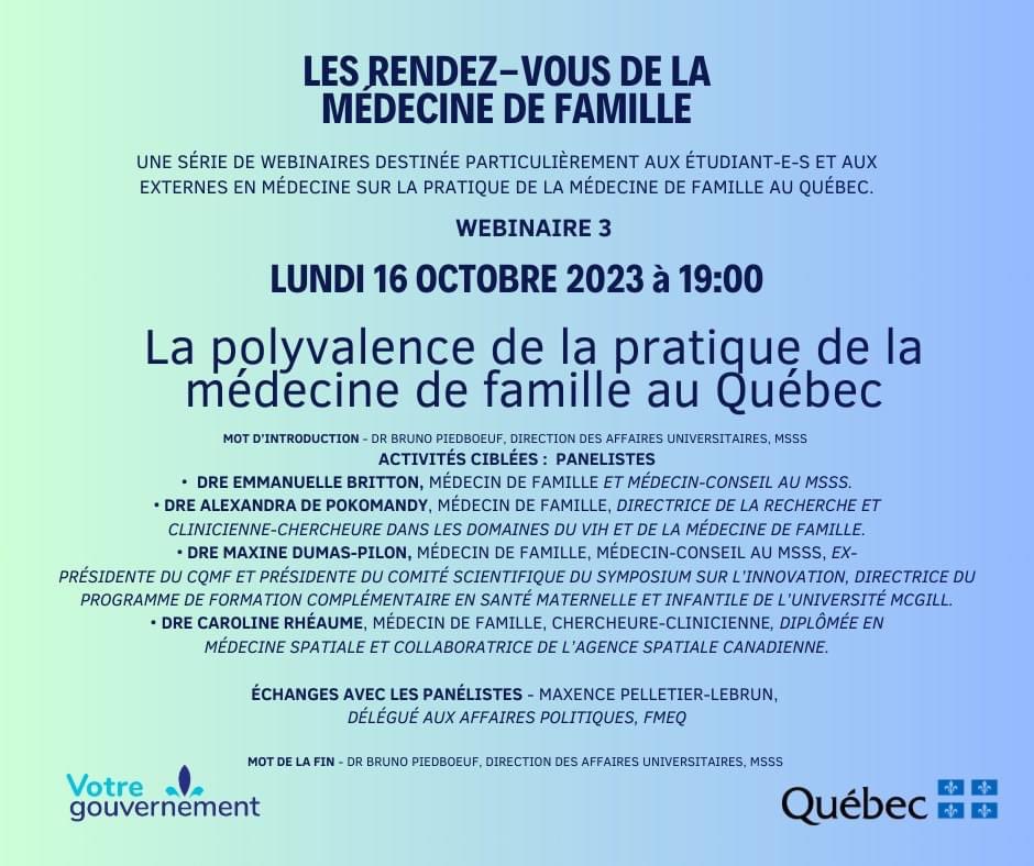 Ce soir à 19h, c’est le 3e webinaire du MSSS: les Rendez-Vous de la médecine familiale!
Pour s’inscrire : tinyurl.com/5adk6f7b
Pour plus d'infos : tinyurl.com/bdt9byf2