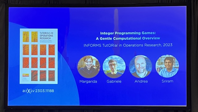 Very intersting tutorial #informs2023 by @69alodi and @GabrieleDrag8 on *Integer Programming Games: A Gentle Computational Overview'

We likely need more tutorials.