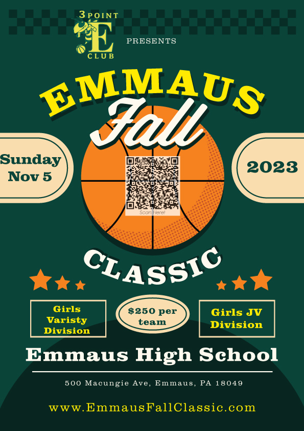 The off-season Emmaus Girls Basketball Fall Classic Tournament is happening Sunday, November 5, 2023 all day!  Current teams committed are Bethlehem Catholic, Nazareth, Scranton Prep, Marian Catholic, and Emmaus. We are looking for one varsity team and 2 JV division teams still