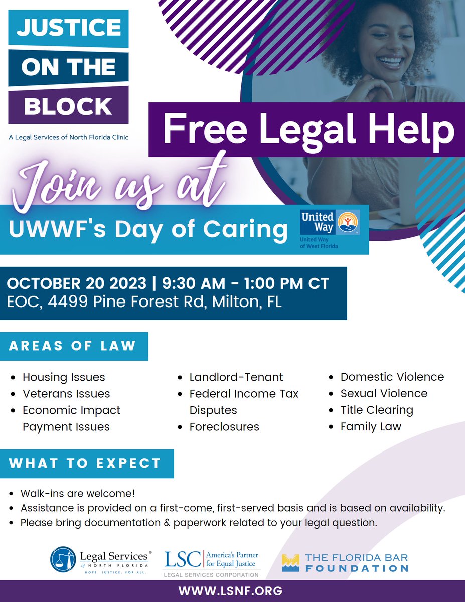 ❓ Do you need FREE legal advice?

LSNF is partnering with <a href="/UWWFL/">United Way of West Florida</a>'s Day of Caring to offer FREE legal assistance. No appointment needed!

📆 Oct. 20th
⌚ 9:30 AM - 1:00 PM
📍 EOC, 4499 Pine Forest Rd, Milton, FL

Learn more about Day of Caring ➡️ bit.ly/496TzTI