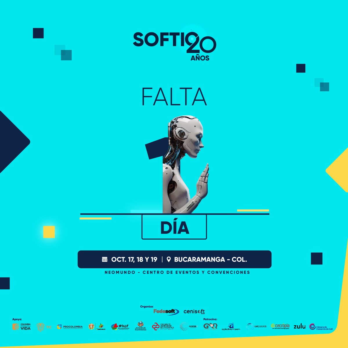 FedesoftCol's tweet photo. ¡Falta 1 día! 🎉
#Softic celebramos dos décadas de transformación e innovación en una Industria que no solo aporta valor agregado a otros sectores.
#Softic20Años celebra que la Industria de Software es la base del crecimiento económico del país. https://t.co/bxRiuXTvVI