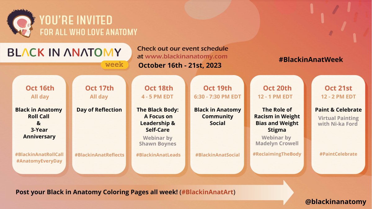 This week is the 3rd Annual Black in Anatomy Week! Join them for virtual events, networking, painting, and socials for everyone who loves anatomy. @blackinanatomy Check out their schedule: ow.ly/JI7H50PXgZ0 #anatomy #science #research #education #AAA #BlackinAnatWeek