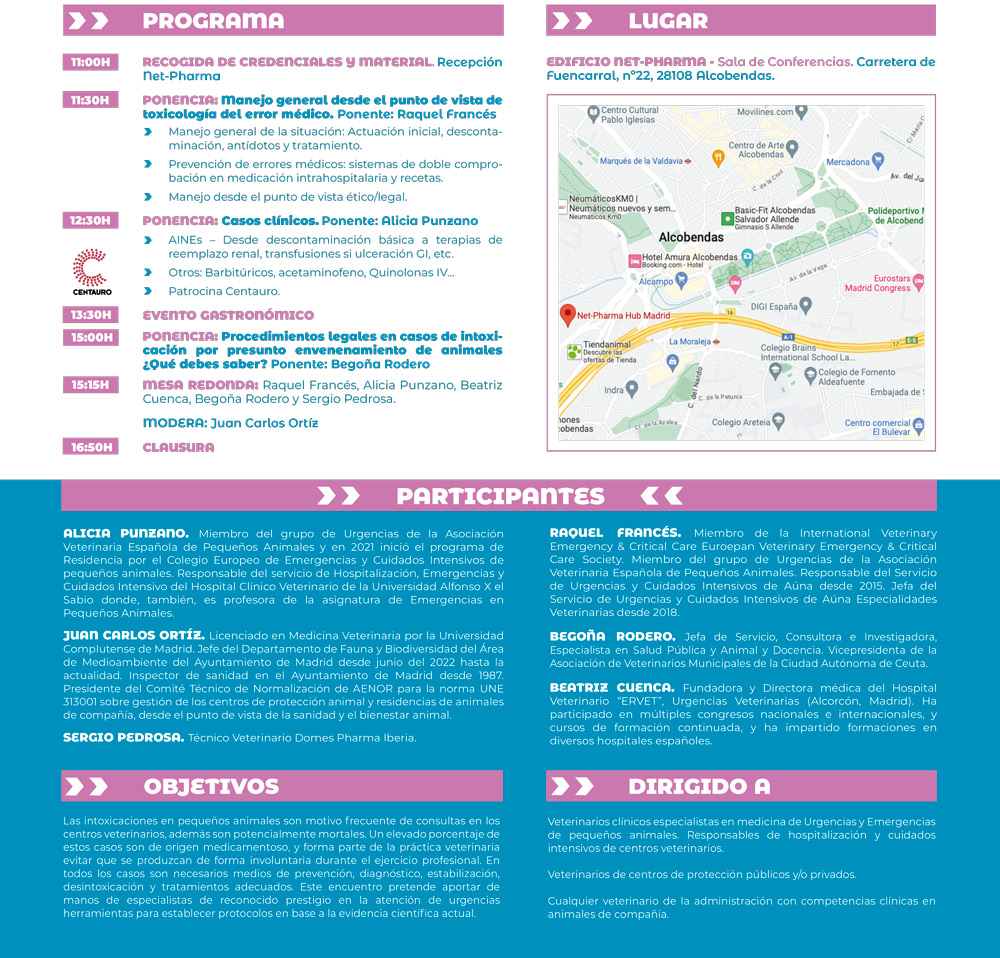 No te pierdas el I Encuentro sobre #Intoxicaciones en Pequeños Animales
Este viernes 20 de octubre de 11:30 a 17 :00 en Madrid, asistencia gratuita en formato #presencial (plazas limitadas) y en #streaming.