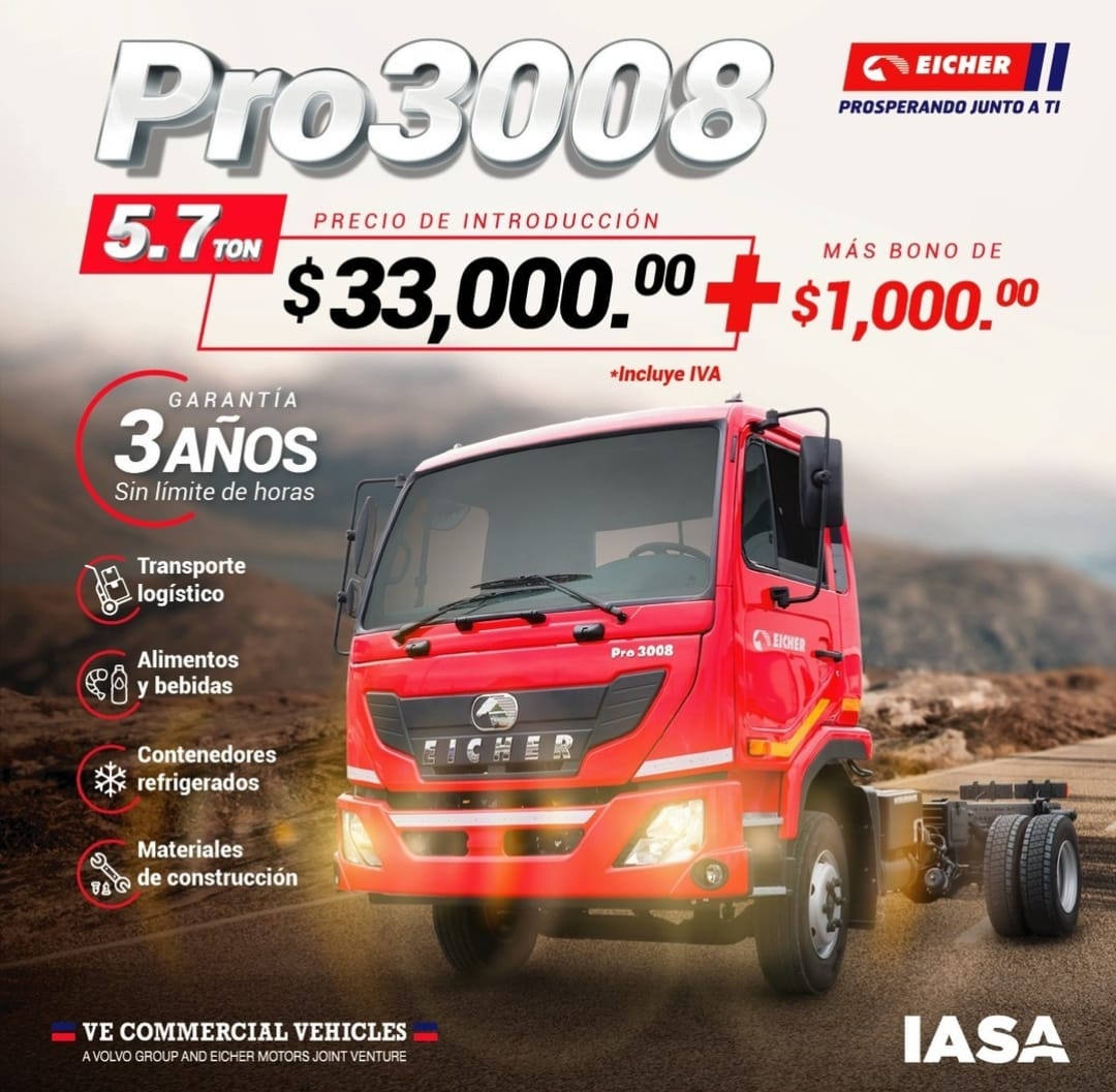 #Eicher PRO 3008 de 5.7 toneladas 🚛 Nueva línea de #camiones #livianos para que lleves tu negocio al siguiente nivel!
🔴 Adquiérela por $33,000.00 (incluye IVA) + ¡un bono de $1,000.00! 🎊
😎 Cotiza: 📞 373 1777 | 💬 Whatsapp: 0995118177
#iasa #elequipodelprogreso#Eichereicher