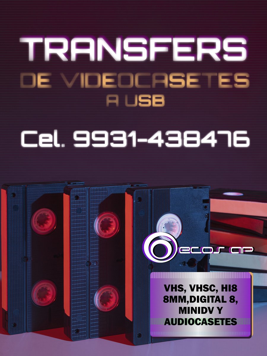 ECOSAP's tweet image. Transfers de videocasetes a USB.
¡Guarde para siempre esos recuerdos!
VHS, VHSC, 8MM, HI8, DIGITAL 8, MINIDV Y AUDIOCASETES.
Informes y agenda de citas al 9931438476
Si no puede venir pregunte por el servicio de recolección a domicilio (Cd. de Villahermosa)