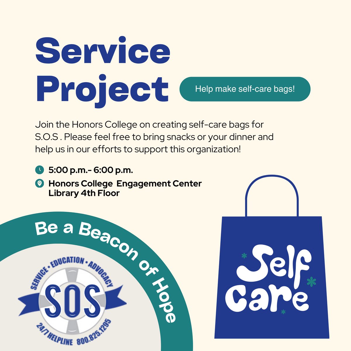 ESUHonors's tweet photo. Service Project Alert!🔔

Join us today on the 4th floor of the library in the Honors College Engagement Center to make self-care bags for S.O.S. 🛍️

Feel free to bring snacks or your dinner!

#emporiastate #honorscollege #esu https://t.co/uqGsSgv14M