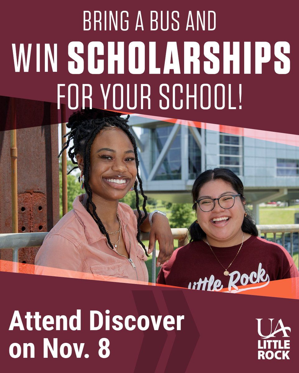 We're so excited for our preview day on Nov. 8 – and even more excited to give away scholarships! High school counselors & career coaches will receive two $1k scholarships for each bus of students their school brings to Discover! Register your school: ualr.edu/discover