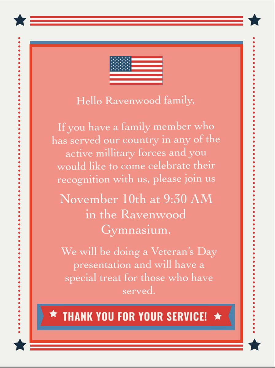 Ravenwood Elementary (@ravensnkc) on Twitter photo Join us for our Veteran's Day Celebration! Join us for our Veteran's Day Celebration!