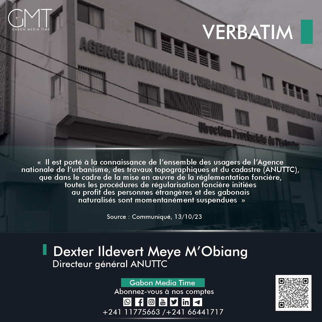 gabonmediatime's tweet photo. [#Verbatim] Dexter Ildevert Meye M’Obiang: « Toutes les procédures de régularisation foncière initiées au profit des personnes étrangères et des gabonais naturalisés sont momentanément suspendues »

 👇🏾

 📱066441717  📞 011775663

#GMT
#Gabon https://t.co/xak0LqMwaF