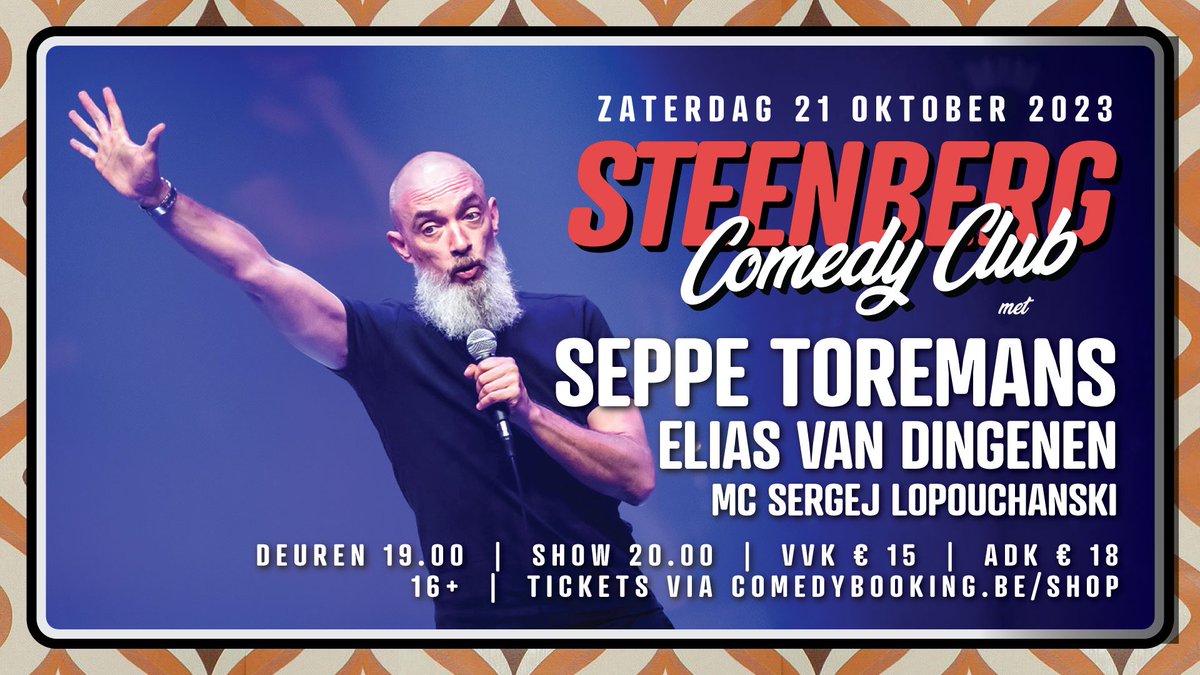 Zaterdag in Moorsel-Tervuren doen we van stand-up comedy met top comedians Seppe Toremans, Elias Van Dingenen &amp; MC Sergej. Komt dat zien!✨

🎟 Tickets via comedybooking.be/shop/event/ste…

<a href="/seppetoremans/">Seppe Toremans</a> <a href="/SergejSky/">Sergej Sky</a> #Comedy #ComedyClub #Tervuren