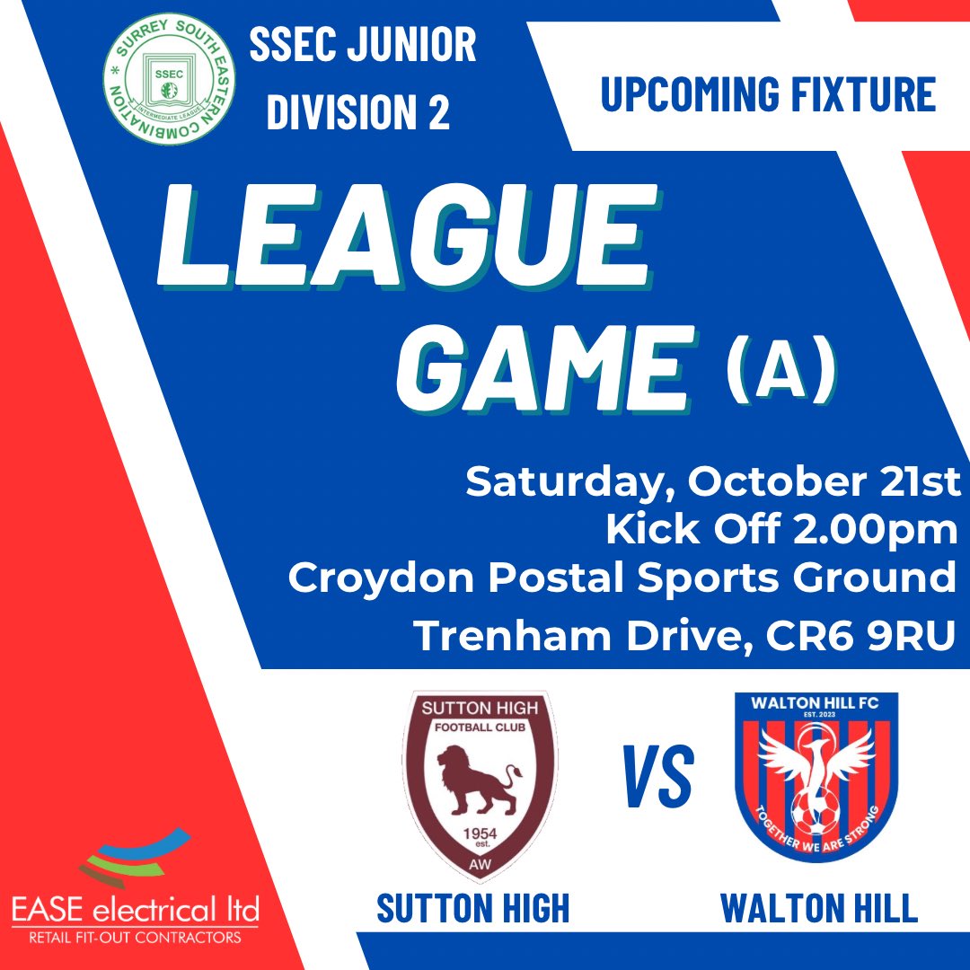 jay_fenton's tweet photo. ⚽️ Saturday 21st October 
🆚 @suttonhighfc 
⌚️2.00pm KO
📍Croydon Postal Sports Ground, Trenham Drive, CR6 9RU
🏆 SSEC Div 2 - Away
🤝 Matchday Sponsor - @easeelectrical 

If your free then come and cheers the lads on, all support is welcome 🙏🏻 🙌 

#upthehill #uth #awaydays https://t.co/yPPYaSXnuw