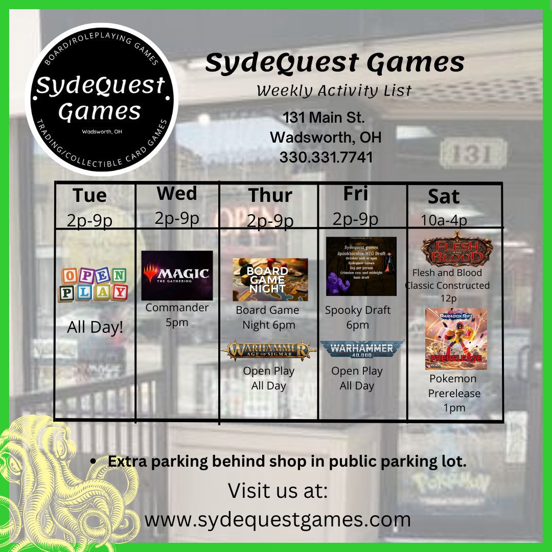 SydeQuestGames's tweet photo. Exciting week ahead at SydeQuest Games! 🎉
📅 T: OpenPlay all day for gaming fun
📅 W: Wednesday Night Magic at 5P
📅Th: #BoardGameNight at 6P
📅 F: MTG Spooktacular Draft, all-day #Warhammer40K
📅 S: #FleshAndBloodTCG battles at 12P and #PokemonTCG Prelease #ParadoxRift at 1 PM. https://t.co/z3oVQJRtmy