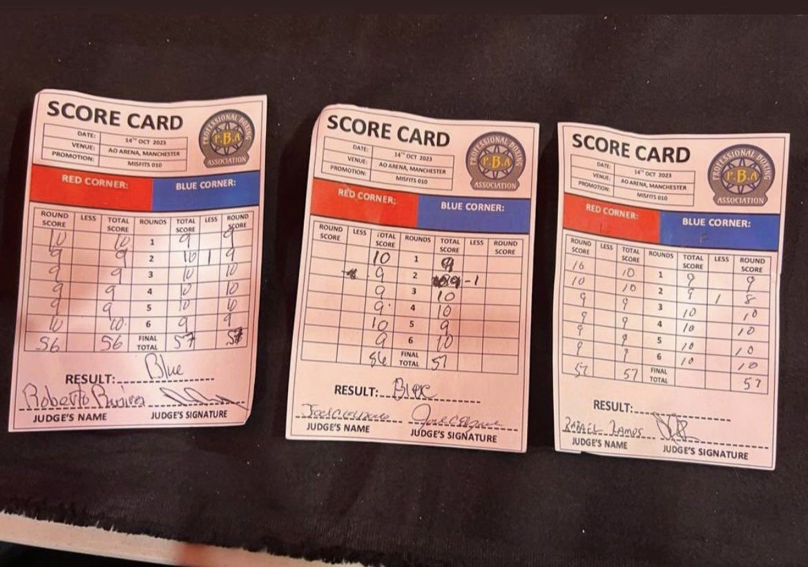 VondreAdamsJr's tweet photo. @IFLTV All 3 judges only gave KSI 2 rounds of the fight. The judge who scored it 57 to 57, miscalculated his total score. The original score for all three judges is in fact 56 to 57 in favor of Tommy Fury. Get rid of Fury’s 1 Point deduction, he would’ve won 56-58💯 #KSIFury #NoRobbery https://t.co/wQpu516Q05