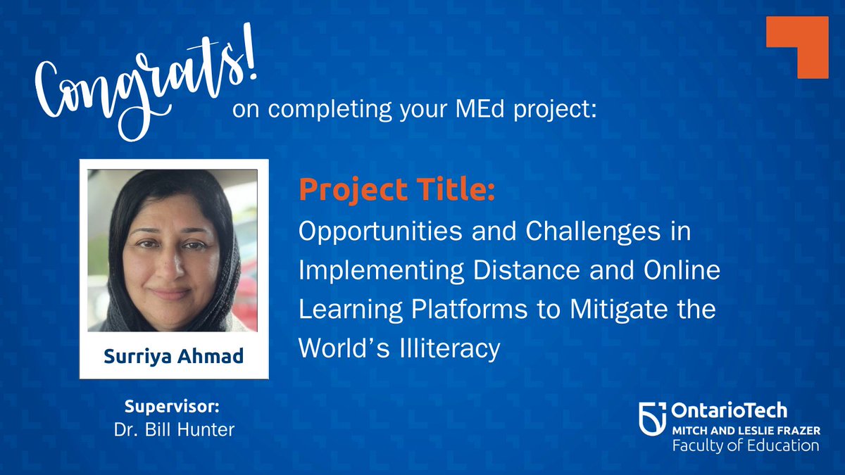 OT_FED's tweet image. Congrats to Surriya Ahmad, who recently completed their Master's project, "Opportunities and Challenges in Implementing Distance and Online Learning Platforms to Mitigate the World’s Illiteracy," with Dr. Bill Hunter.

Well done! 🎓
#OntarioTech #Research #GradStudies #Literacy