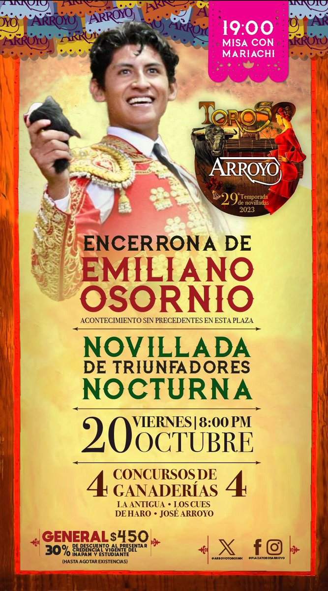 Este viernes a las 20.00 horas, la Novillada de Triunfadores Nocturna en <a href="/ArroyoTorosMx/">Plaza d Toros Arroyo</a> con la Encerrona de Emiliano Osornio. Concurso de Ganaderías. Novillos 🐂 de La Antigua, Los Cues, De Haro y Jose Arroyo. <a href="/aleearroyo/">Alejandra 🌞</a>