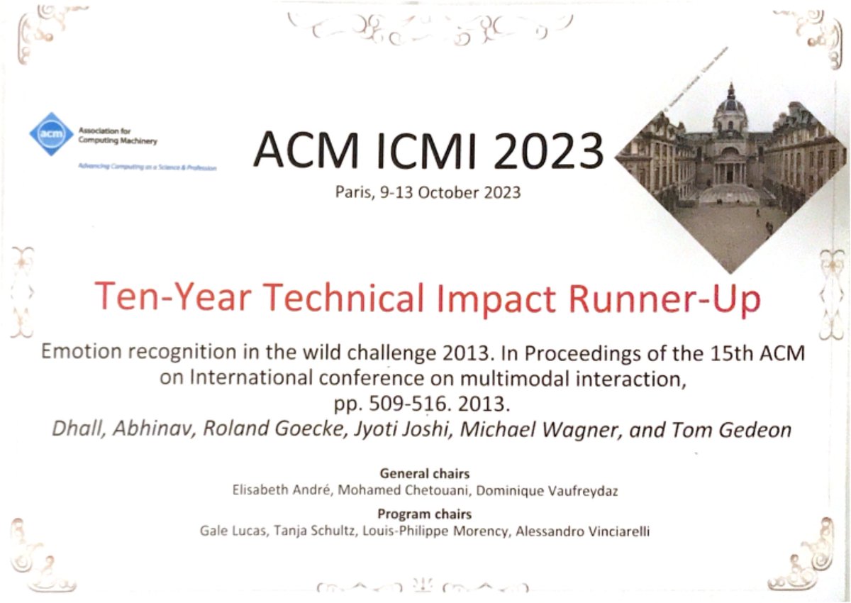 Delighted that our paper Emotion Recognition in the Wild challenge 2013 has been awarded Ten Year Technical Impact Runner-Up at the 25th ACM International Conference on Multimodal Interaction 2023. with @rolaustral <a href="/jyotij0shi/">Dr Jyoti Joshi</a> Tom Gedeon and Michael Wagner