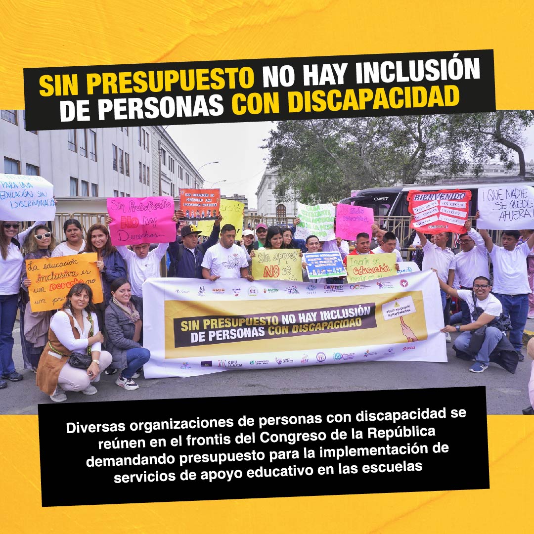 sodisperu's tweet photo. 🚨PLANTÓN🚨
Organizaciones de personas con discapacidad  realizaron un plantón en el frontis del @congresoperu para pedir que se asigne presupuesto para la implementación de servicios de apoyo educativo.
Súmate al tuitazo a las 6:00 p.m. con el HT #SinPresupuestoNoHayDerechos https://t.co/pPWK1gukUm
